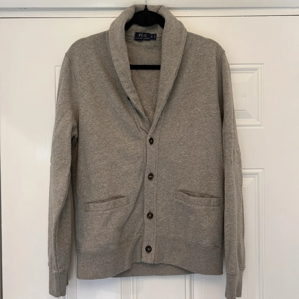 Polo Ralph Lauren Shawl Collar Cardigan Sweater Small Gray Cotton Blend Classic